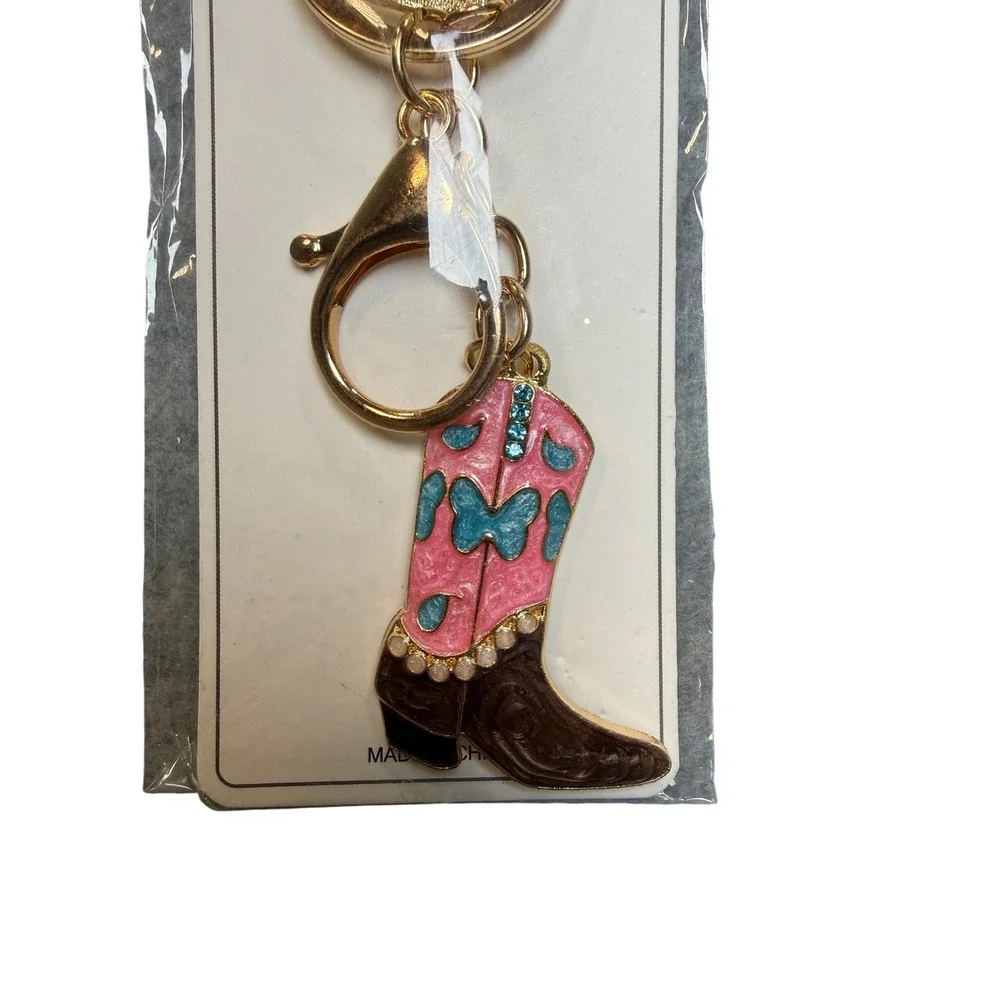 Nicole Cowboy Boot Key Chain Pink NEW Butterfly Rhinestone Western Cowgirlcore